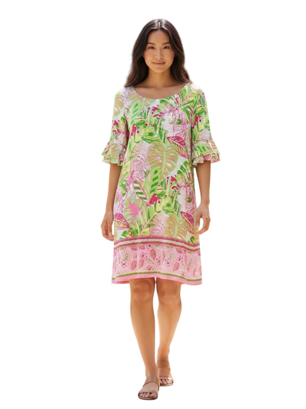 Pappagallo Oasis Erika Tropical Palm Leaf Flutter Ruffle Sleeve Shift Dress Size